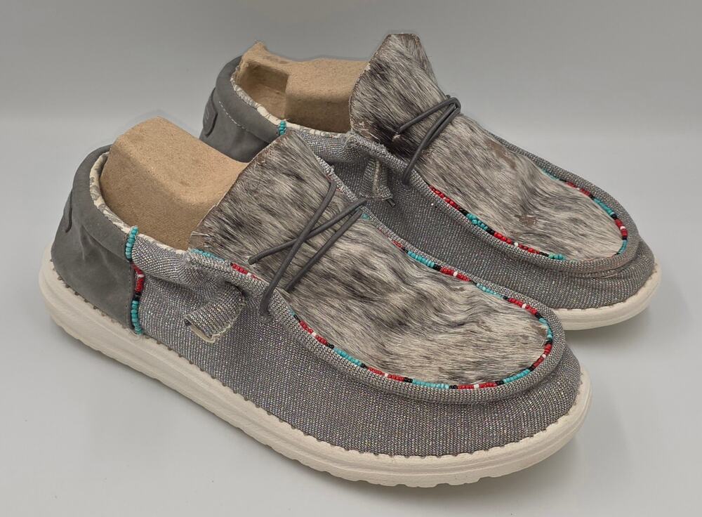 Hey Dude Custom CowHide Shoes Women's Size 8 Beaded Metallic Sparkle Gray
